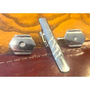 Men's Silver Tone 2 1/4" Tie Bar and Cufflinks Set with Rhinestone Accents